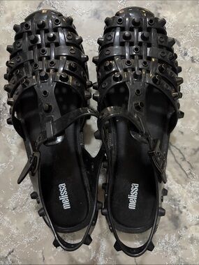 Melissa Black Fisherman Studded Jelly Flats with Buckle Strap